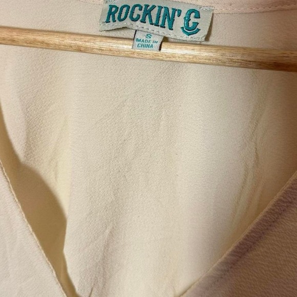 Rockin' C - Women's Beige V-Neck Blouse - Size S - Long Sleeve Boho Peasant Top - Picture 3 of 3